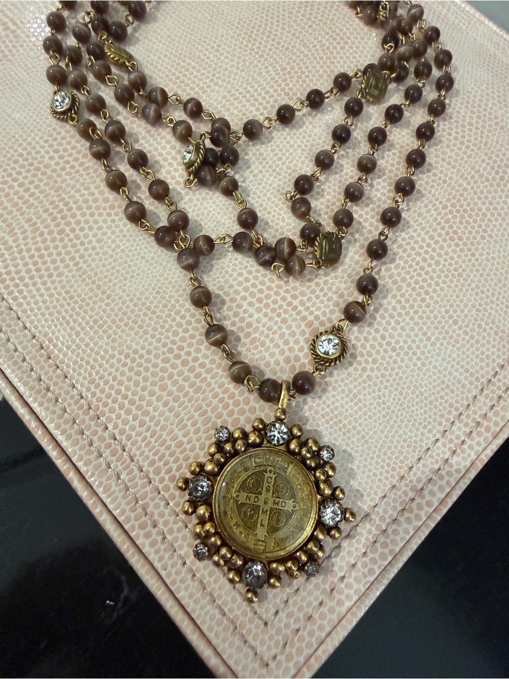 Virgins Saints & Angels Brown Beaded Necklace with Gold Medallion